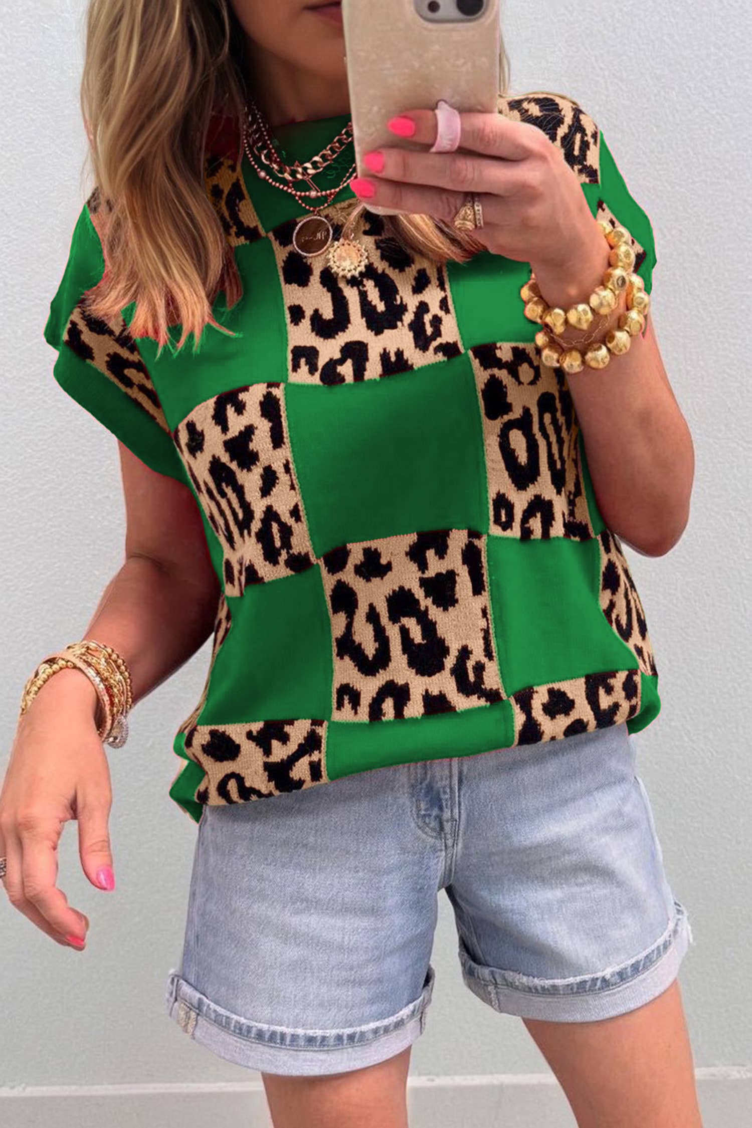 Plus Size Leopard Checkerboard Short Sleeve Sweater (S-3X)