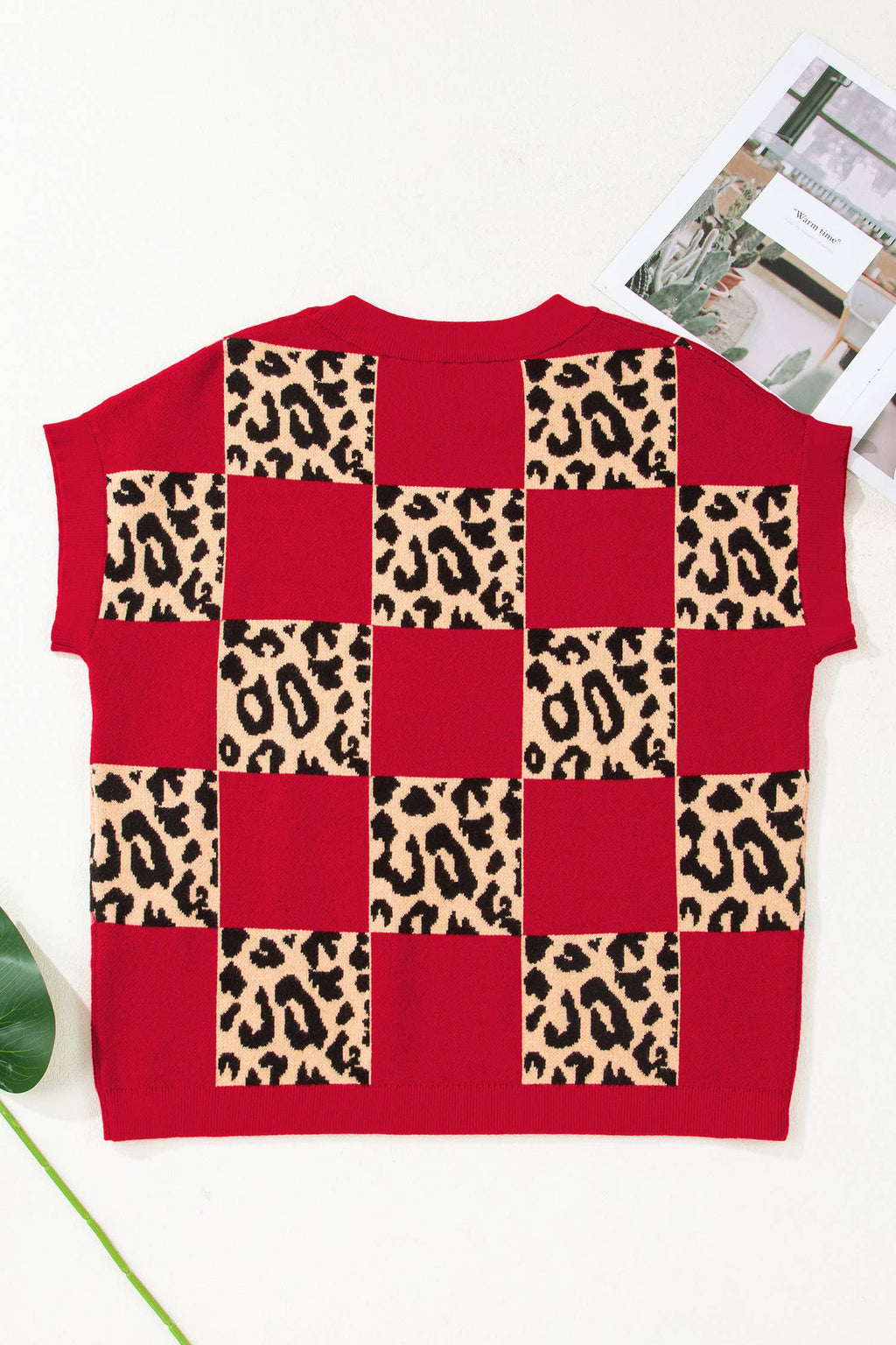 Plus Size Leopard Checkerboard Short Sleeve Sweater (S-3X)