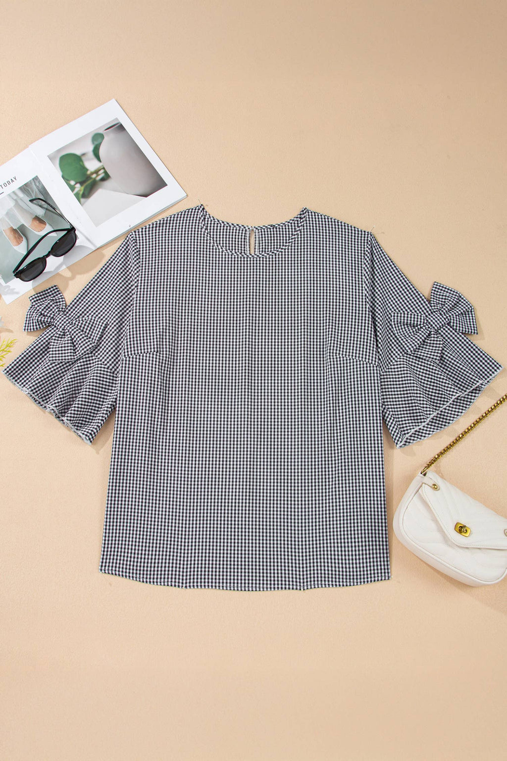 Plus Size Plaid Bow Bell Sleeve Round Neck Jumper (S-4X)