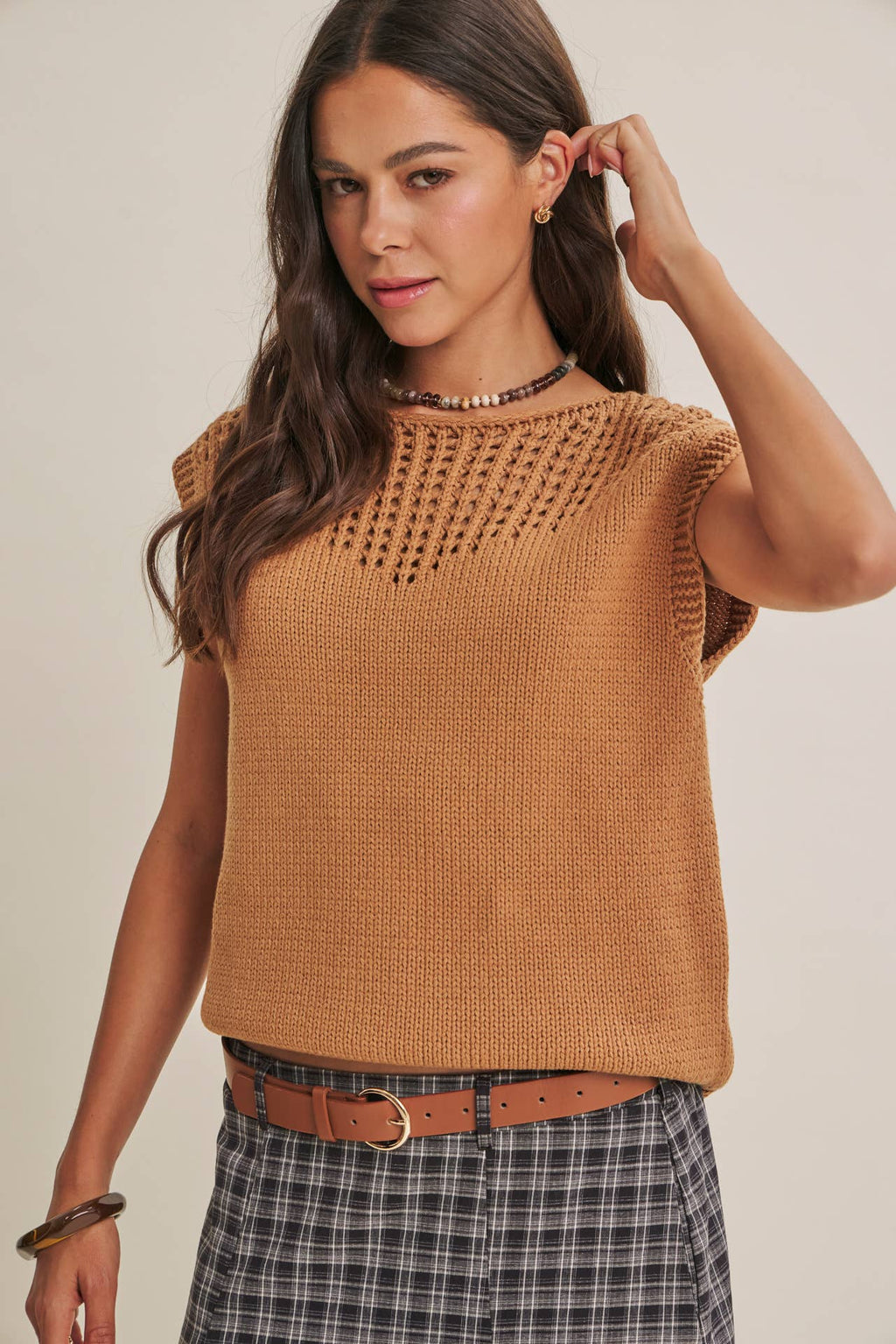 WEEKEND IN TUSCANY TIMELESS OPEN-KNIT FRONT YOKE SWEATER
