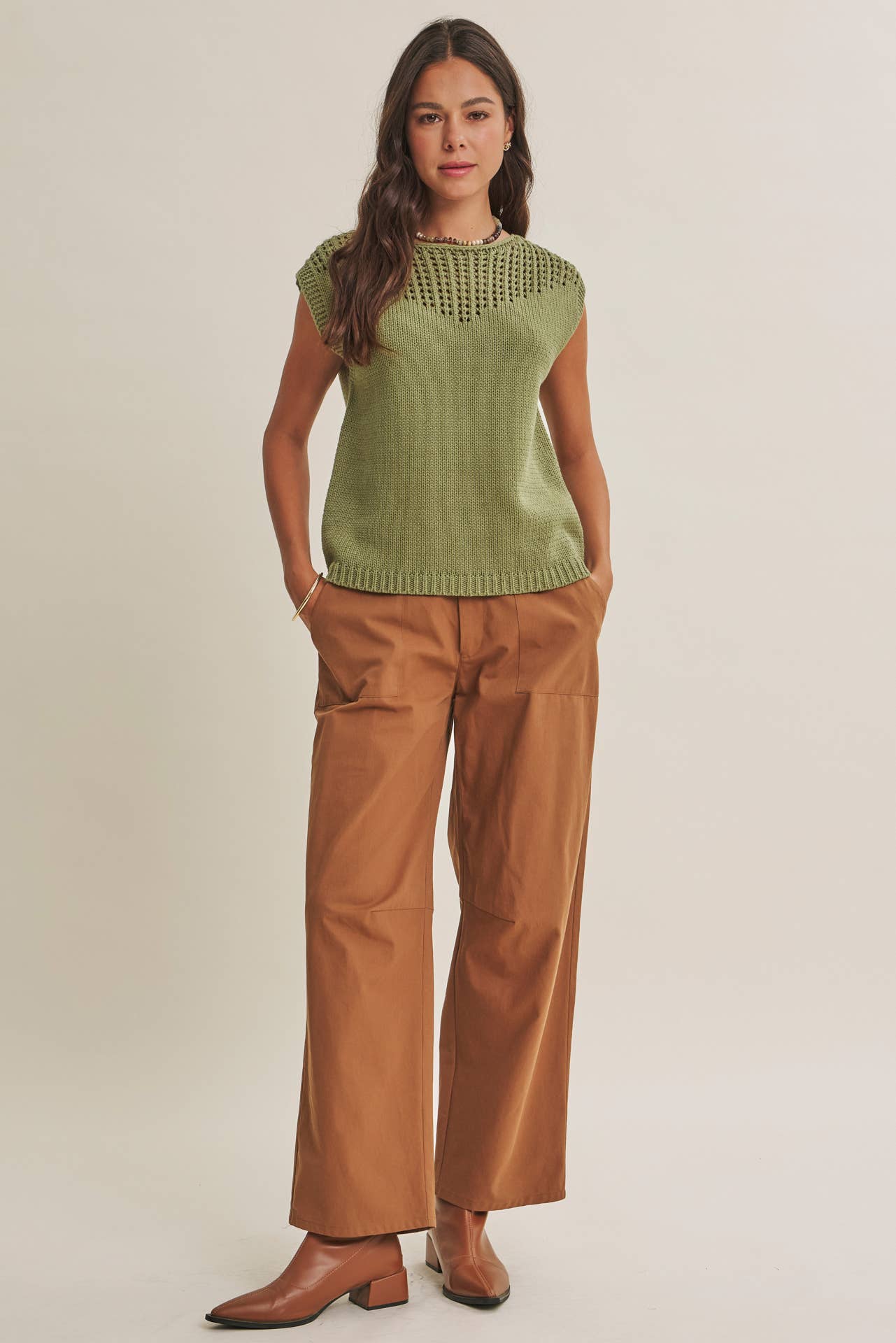 WEEKEND IN TUSCANY TIMELESS OPEN-KNIT FRONT YOKE SWEATER