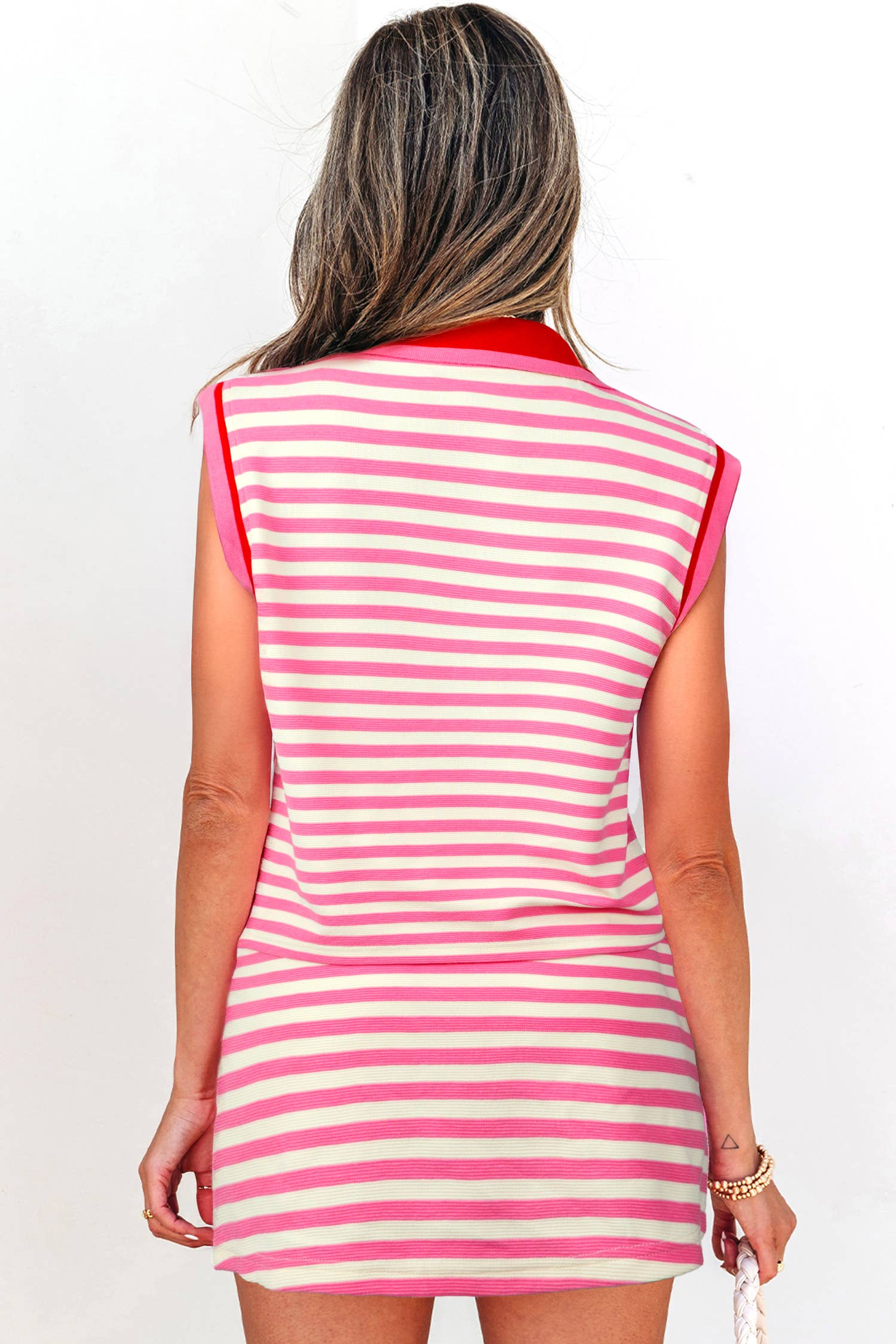 Striped Sleeveless Polo Dress Two-Piece Set