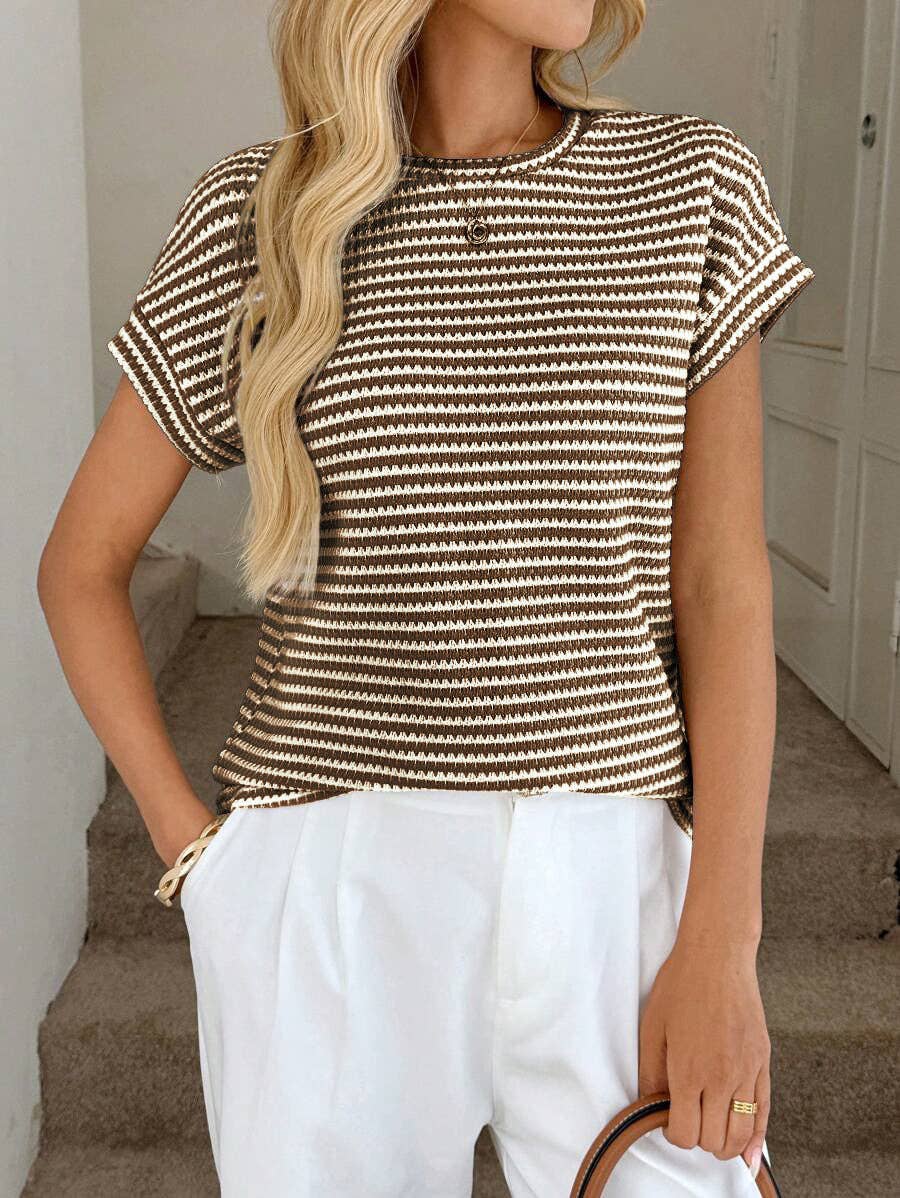 Stripe Knit Crew Neck Short Sleeve Top