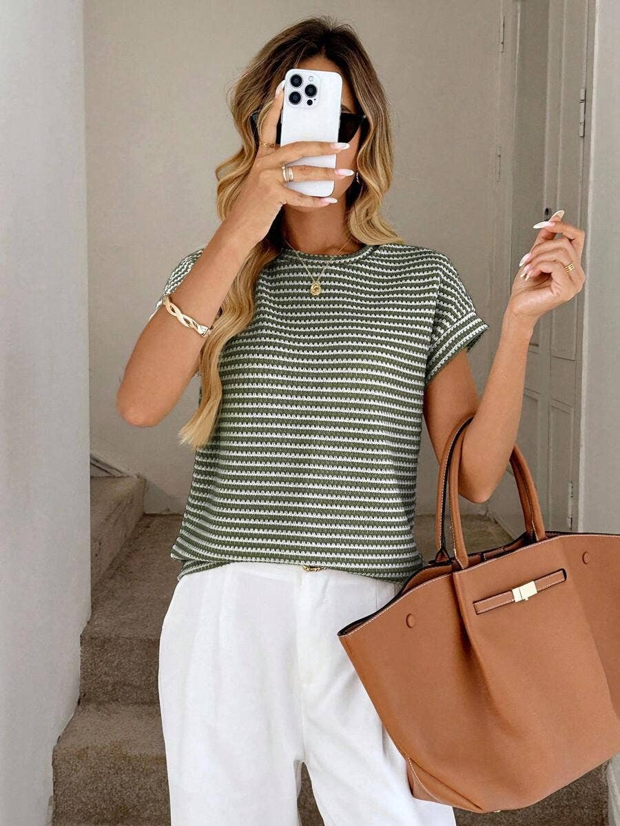Stripe Knit Crew Neck Short Sleeve Top