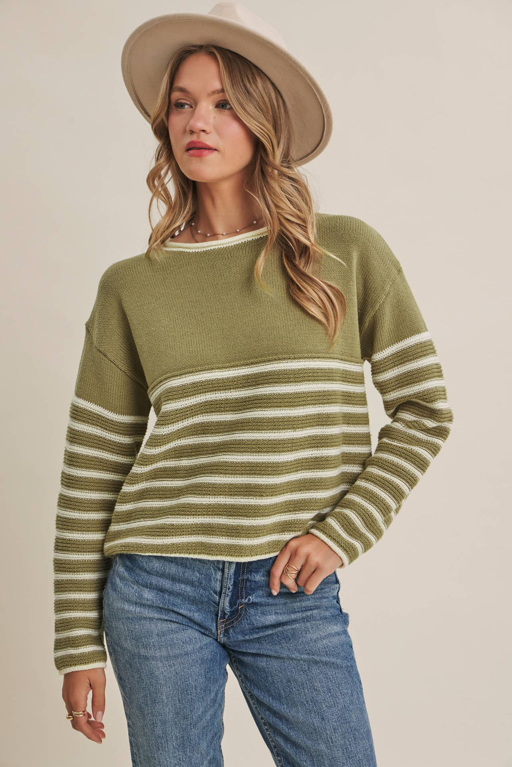 COZY CABIN CONTRAST STRIPE RELAXED SWEATER TOP