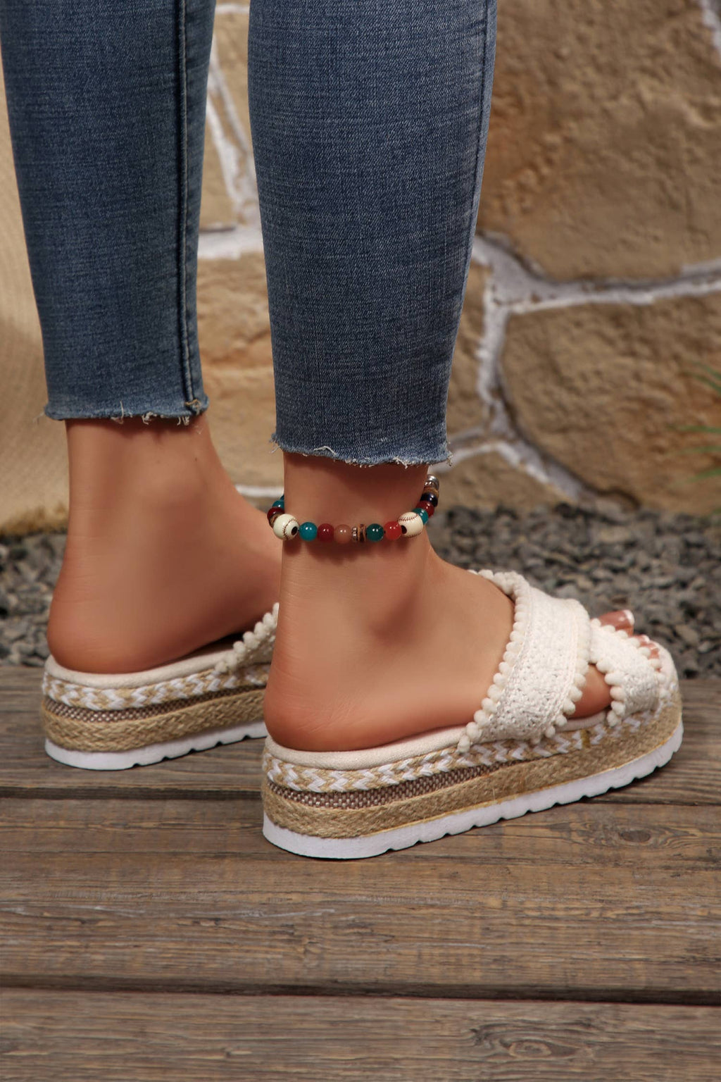 Spring Pompom Knit Platform Slide Sandals