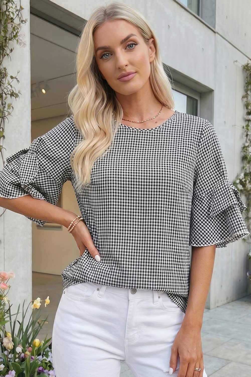 Plus Size Plaid Bow Bell Sleeve Round Neck Jumper (S-4X)