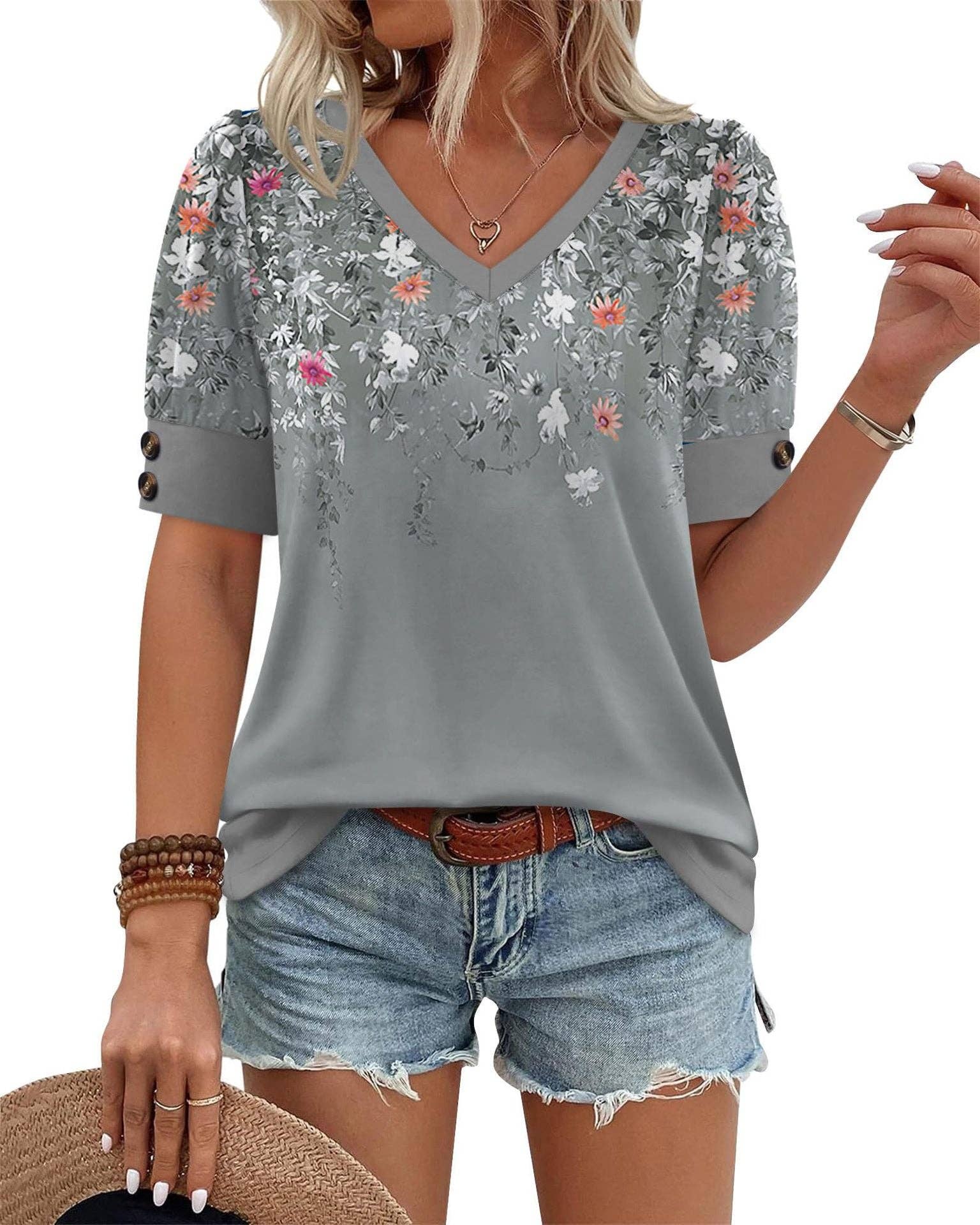 Floral V Neck Short Sleeve Loose Fit Casual Blouse Top