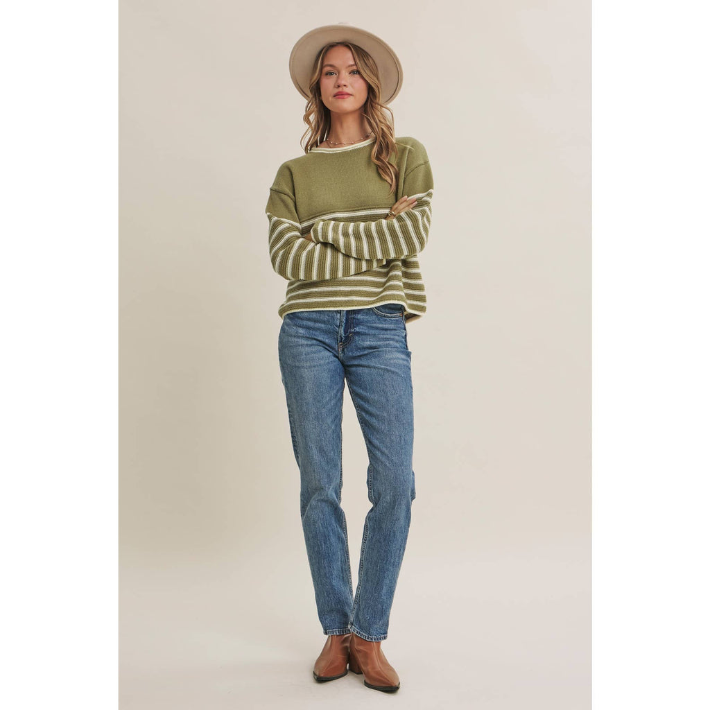 COZY CABIN CONTRAST STRIPE RELAXED SWEATER TOP