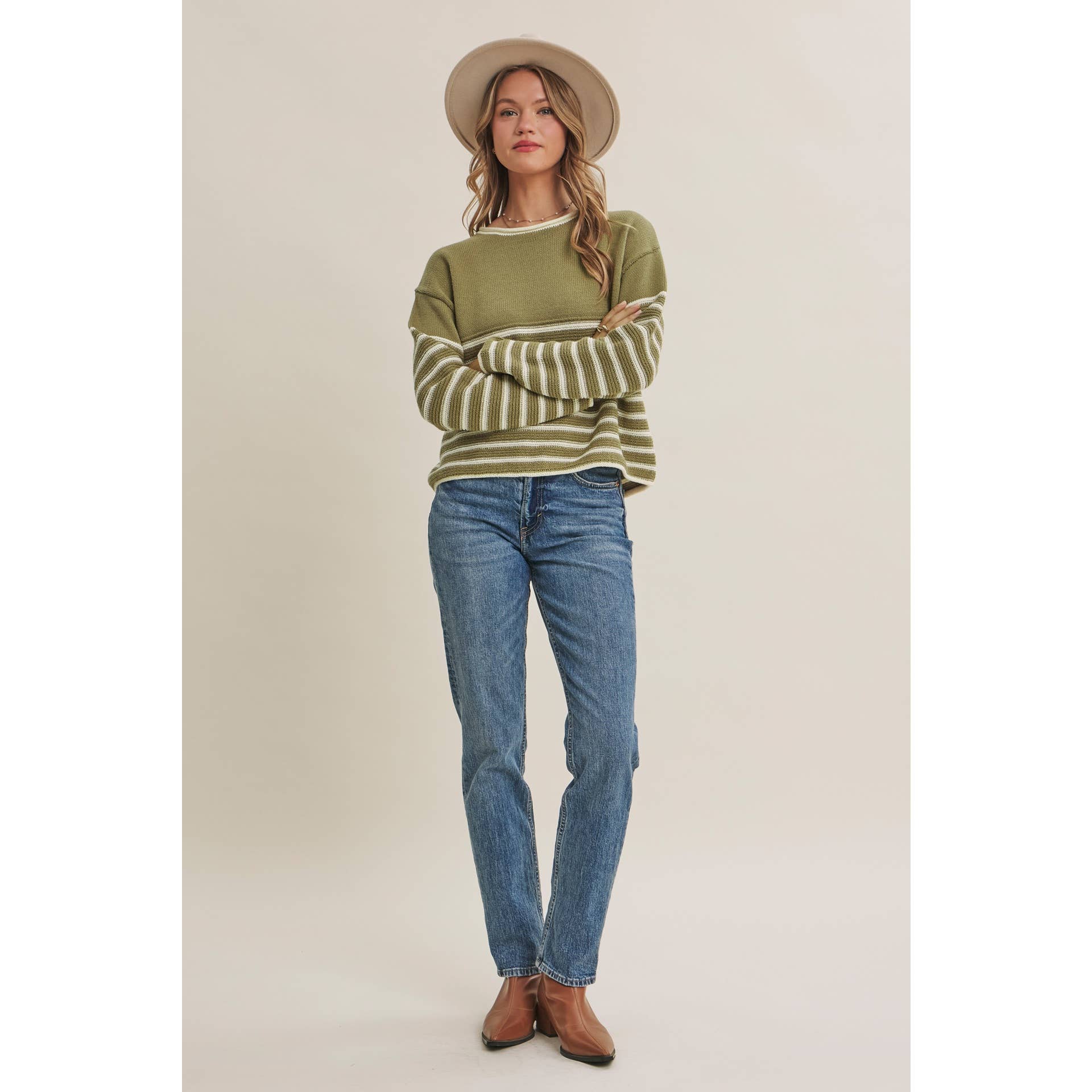 COZY CABIN CONTRAST STRIPE RELAXED SWEATER TOP