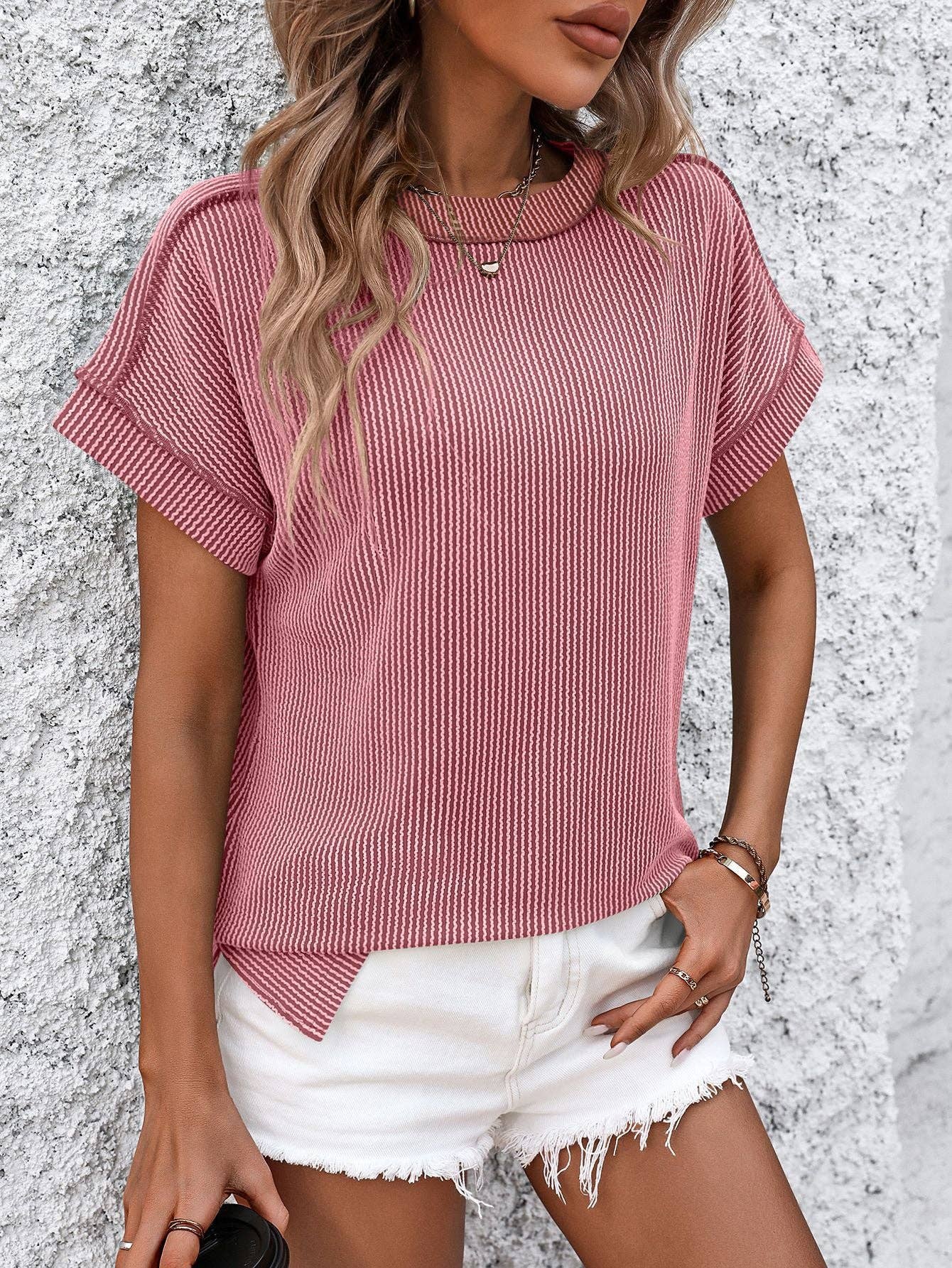 Women Textured Stripe Crew Neck Short Sleeve Loose Tee