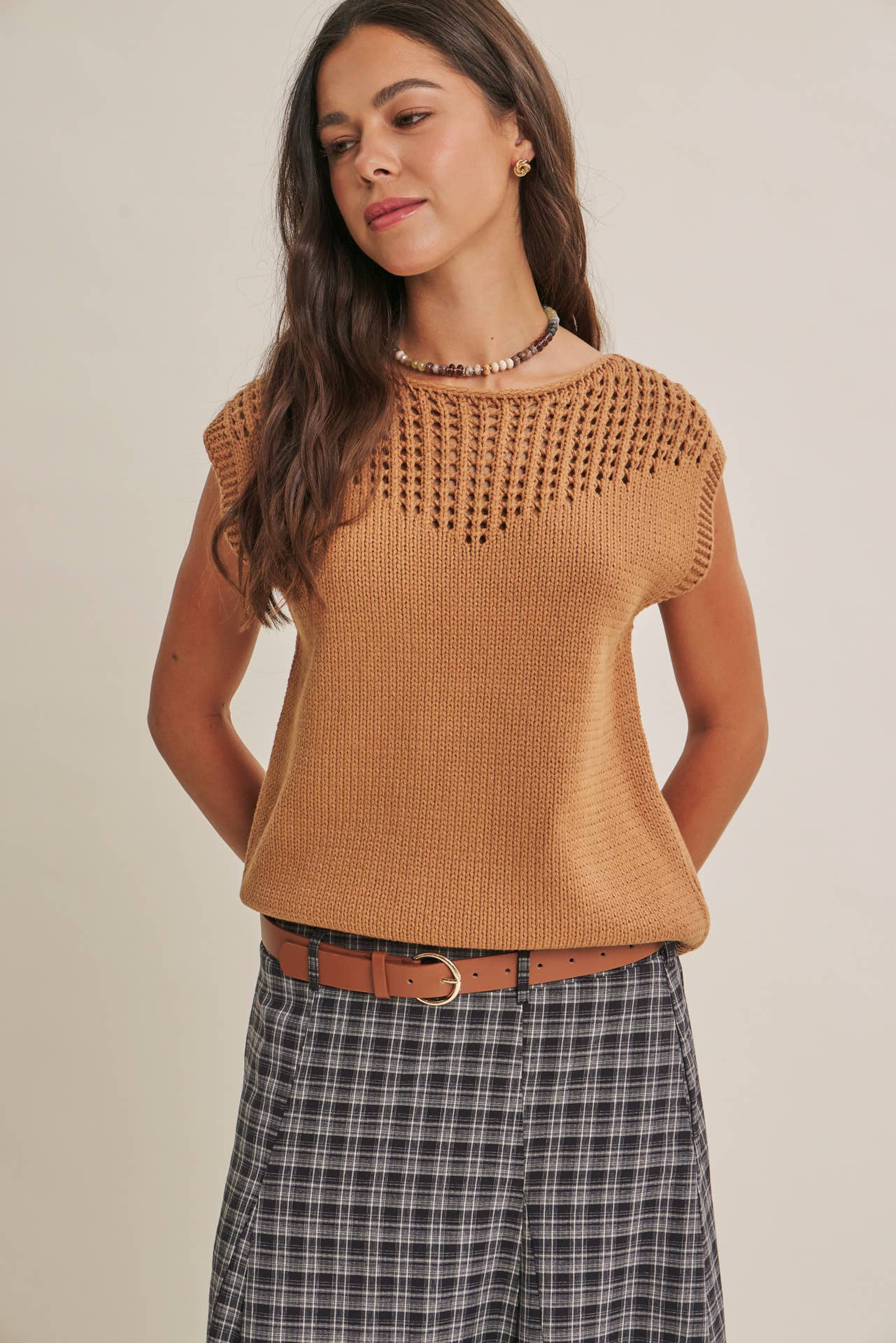 WEEKEND IN TUSCANY TIMELESS OPEN-KNIT FRONT YOKE SWEATER