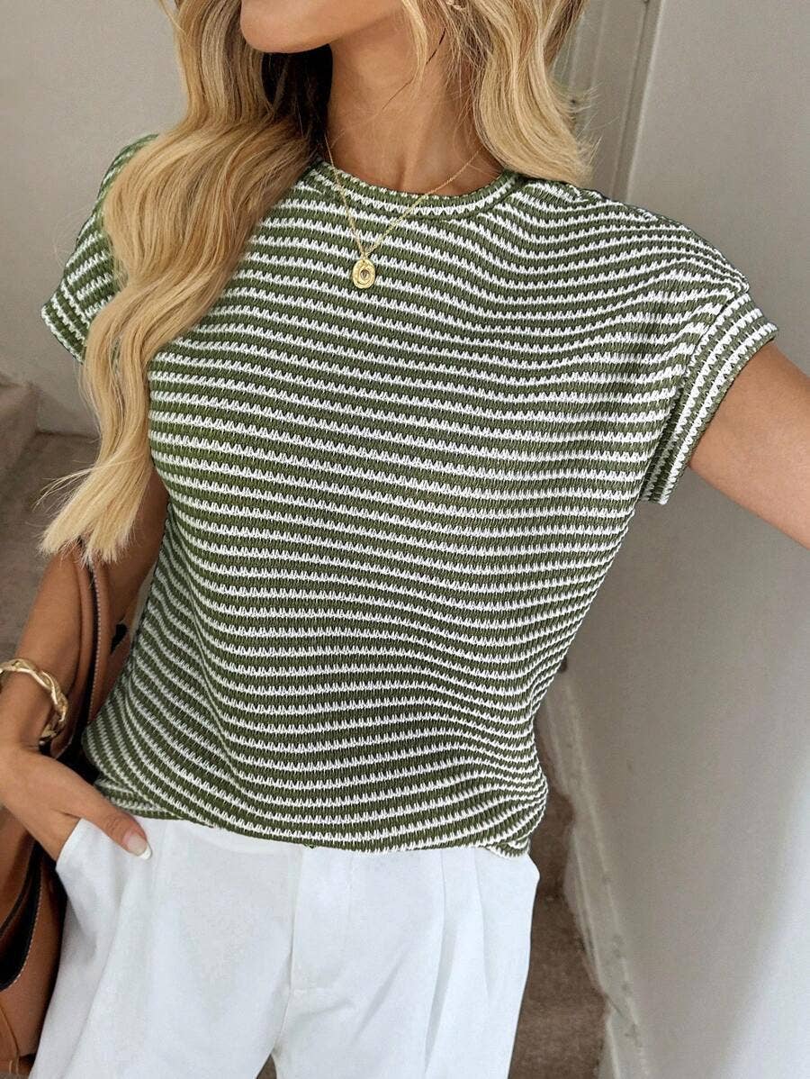Stripe Knit Crew Neck Short Sleeve Top