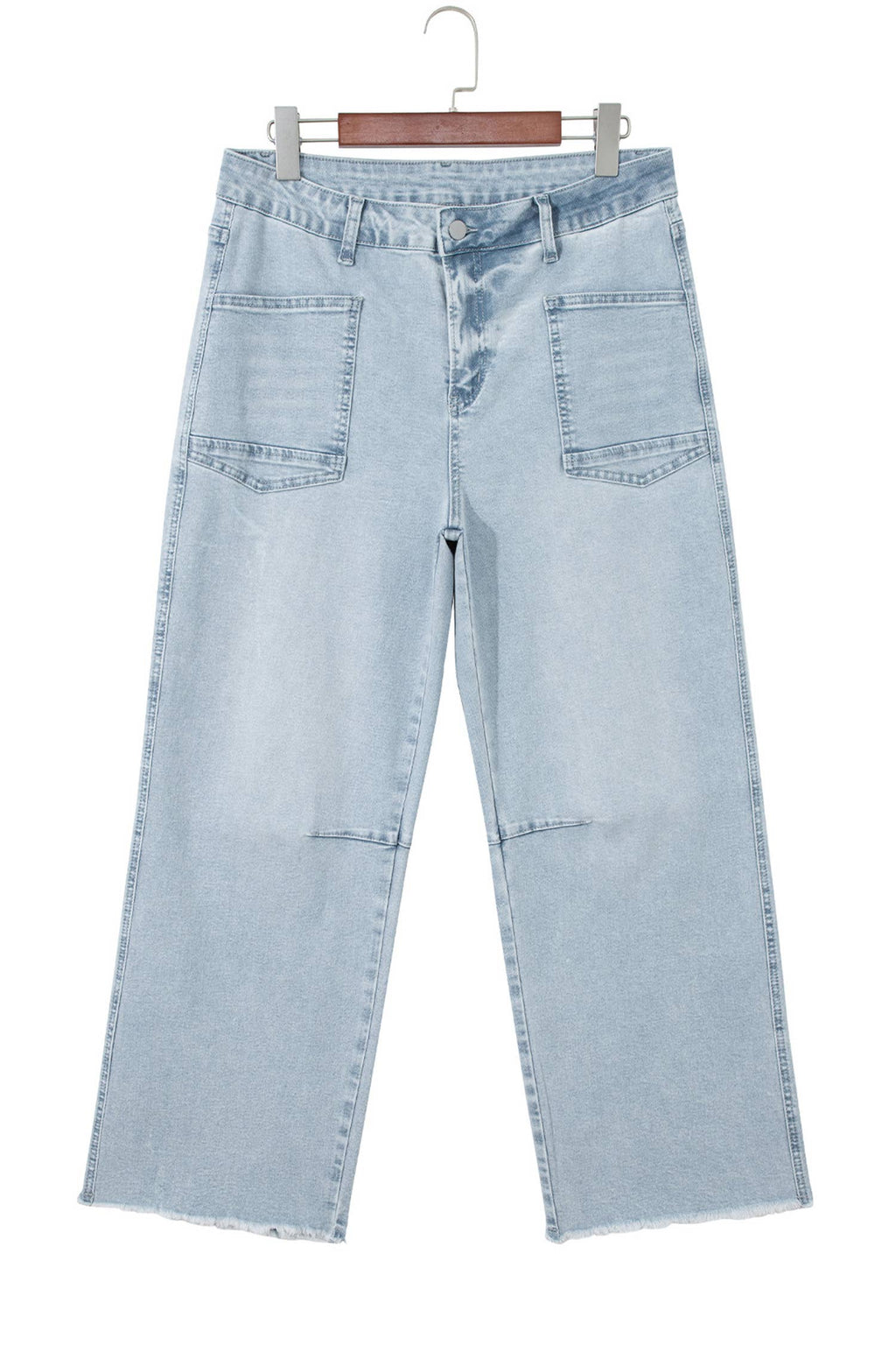 Solid Frayed Regular Cropped Light Wash Denim Jeans