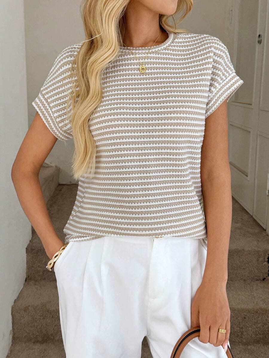 Stripe Knit Crew Neck Short Sleeve Top