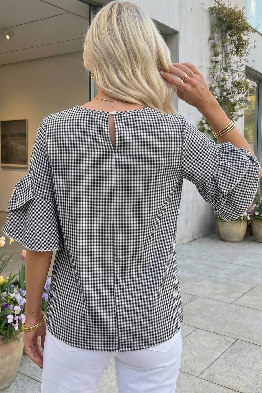 Plus Size Plaid Bow Bell Sleeve Round Neck Jumper (S-4X)