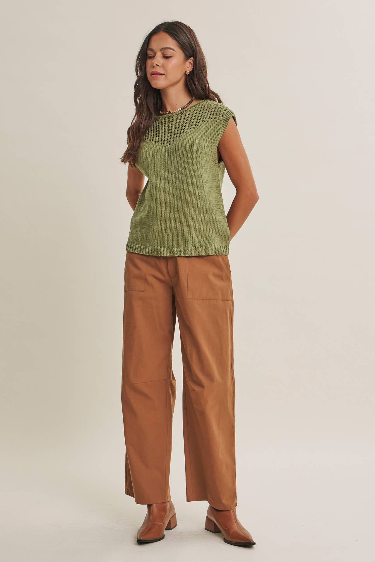WEEKEND IN TUSCANY TIMELESS OPEN-KNIT FRONT YOKE SWEATER