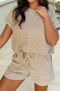Khaki Striped Textured Knit Top and Short Set