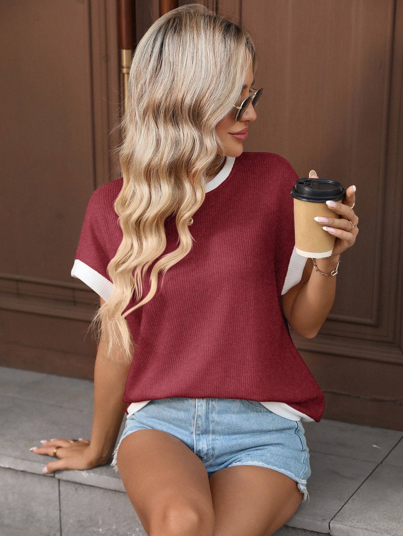 Womens Contrast Trim Knit Tee Casual Crew Neck Top