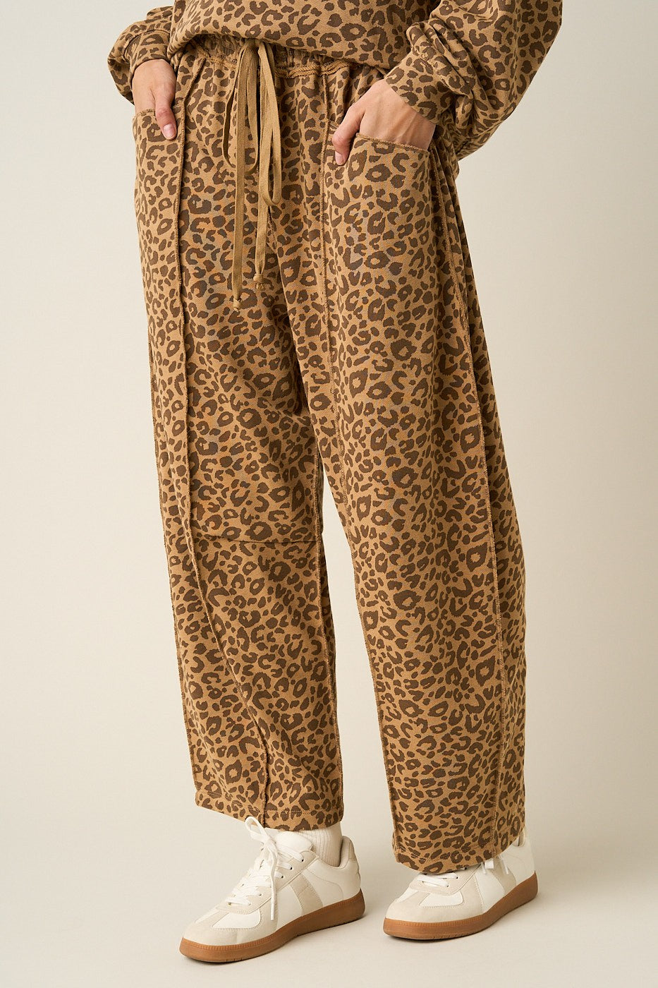 Leopard Print Seam Detail Pull On Barrel Pants
