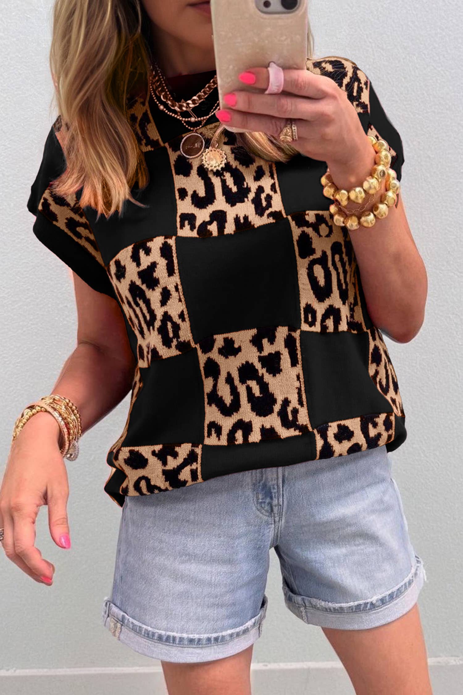 Plus Size Leopard Checkerboard Short Sleeve Sweater (S-3X)