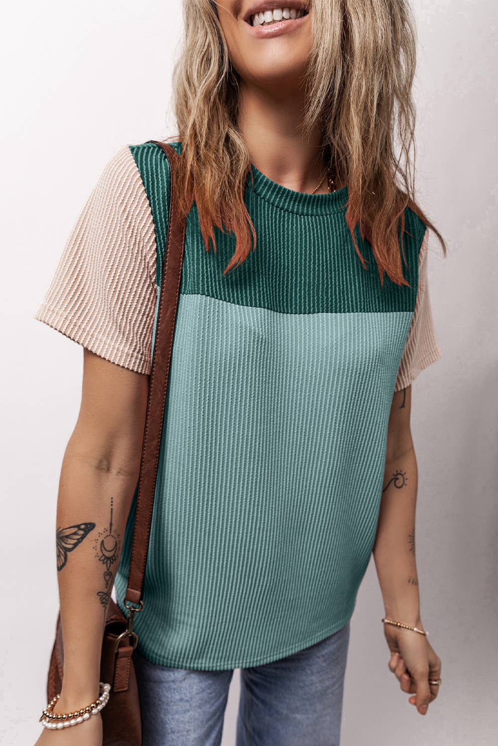 Rib Textured Colorblock Short Sleeve T Shirt (S-XL)