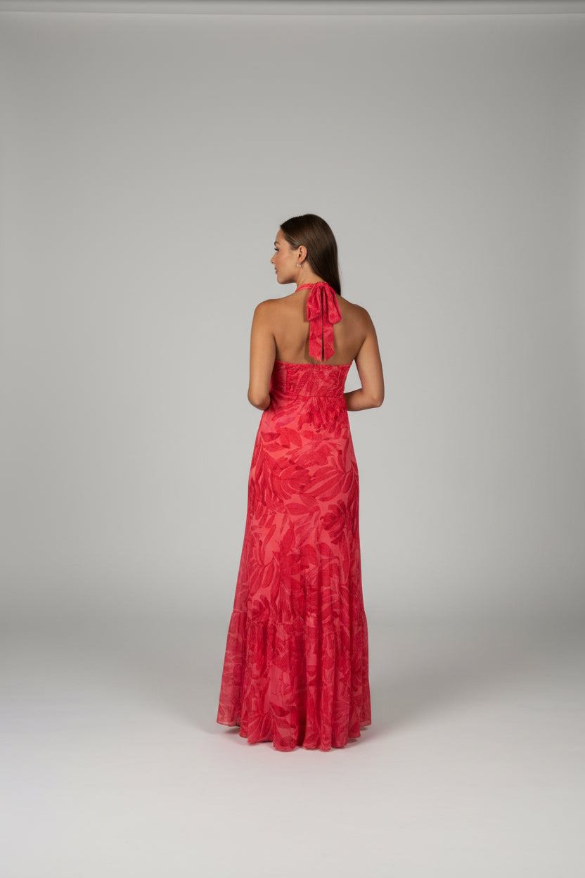 Sunset Red Halter Maxi Dress