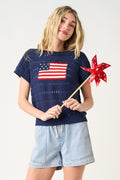 American Flag Patch Short Sleeve Knit Sweater Top