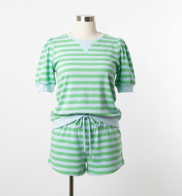 Stripe Puff Short Sleeve Top Matching Shorts Set