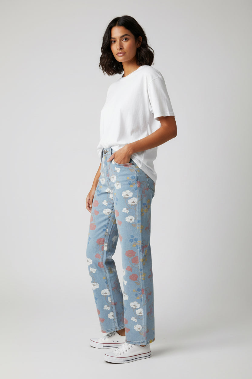 Floral Print Washed Denim Wide Leg Pants