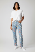 Floral Print Washed Denim Wide Leg Pants
