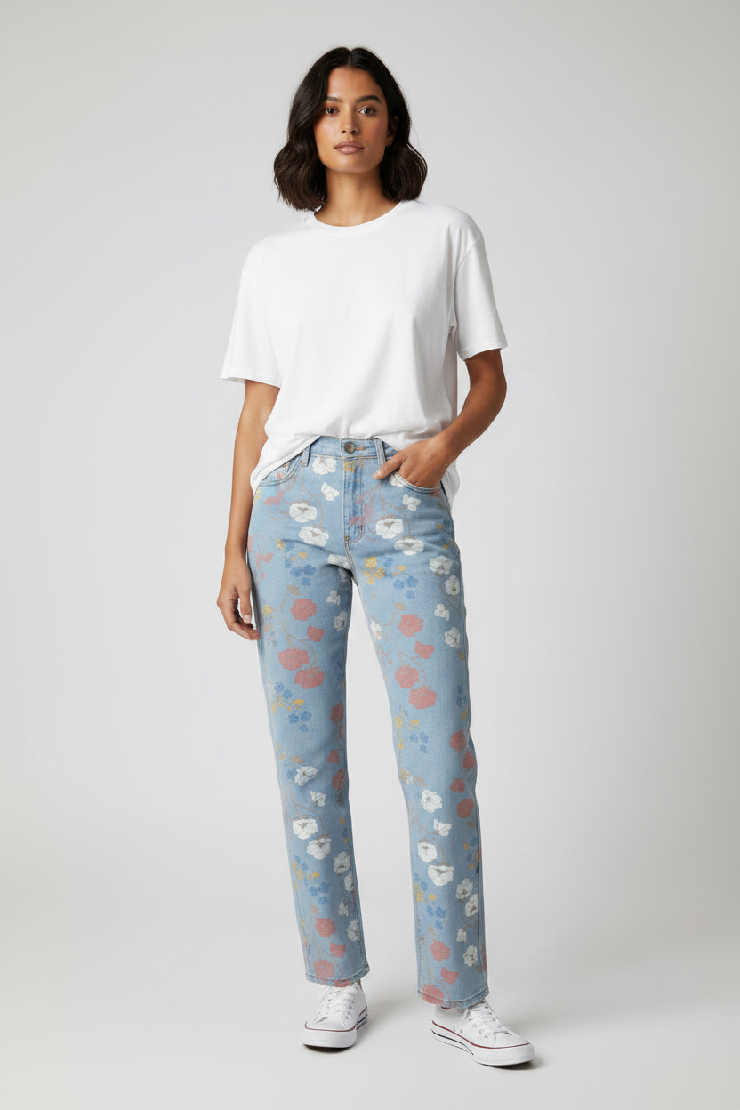 Floral Print Washed Denim Wide Leg Pants