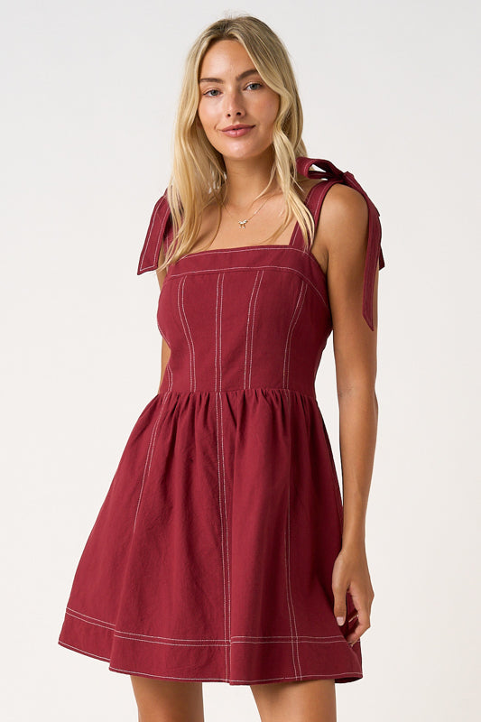 Game Day Contrast Stitch Tie Shoulder Mini Dress