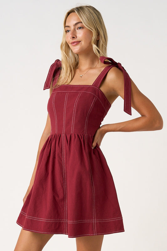 Game Day Contrast Stitch Tie Shoulder Mini Dress