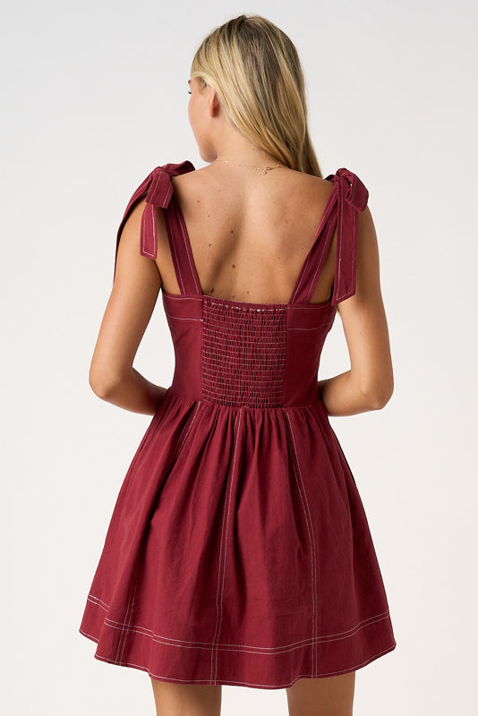 Game Day Contrast Stitch Tie Shoulder Mini Dress
