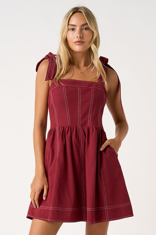 Game Day Contrast Stitch Tie Shoulder Mini Dress