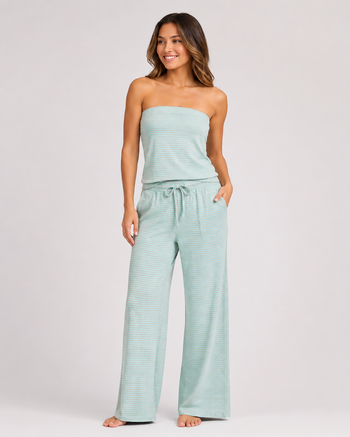 Striped Tube Top and Pants Set Mint