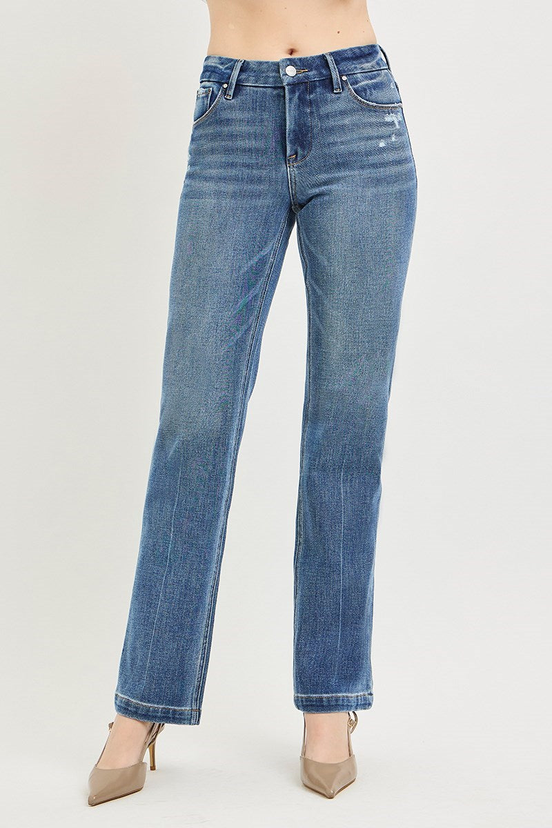 Tummy Control 4way Stretch Mid Rise Straight Jeans with Crease Line Details