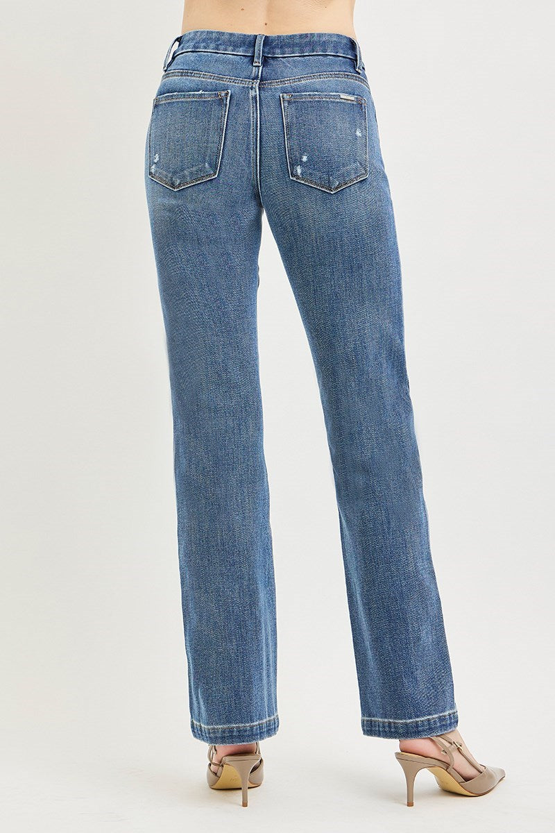 Tummy Control 4way Stretch Mid Rise Straight Jeans with Crease Line Details