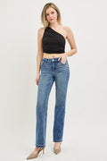 Tummy Control 4way Stretch Mid Rise Straight Jeans with Crease Line Details