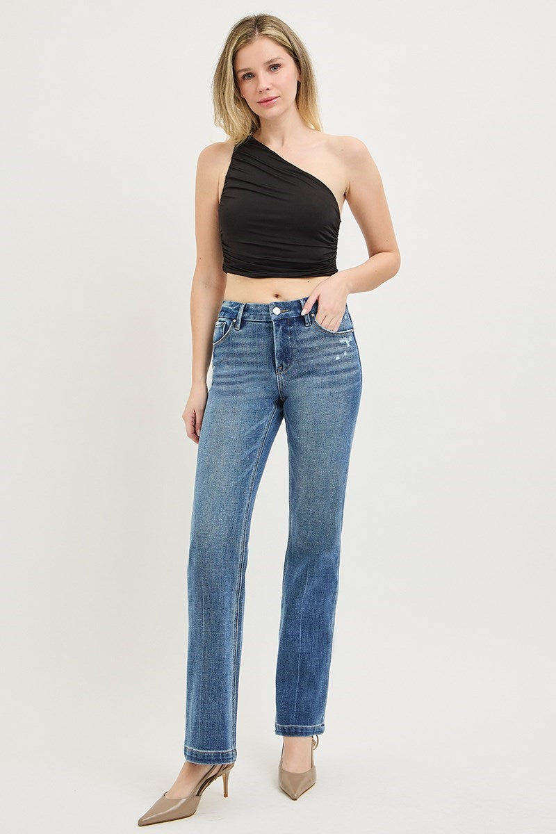 Tummy Control 4way Stretch Mid Rise Straight Jeans with Crease Line Details