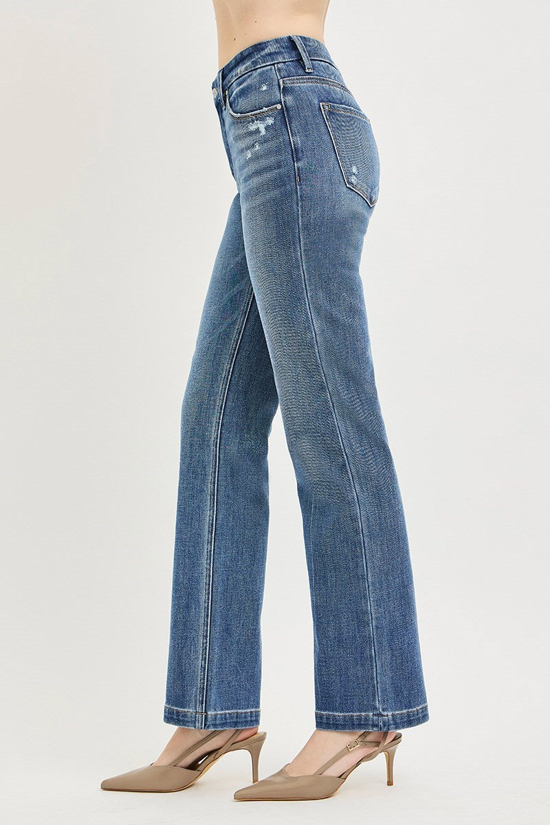 Tummy Control 4way Stretch Mid Rise Straight Jeans with Crease Line Details