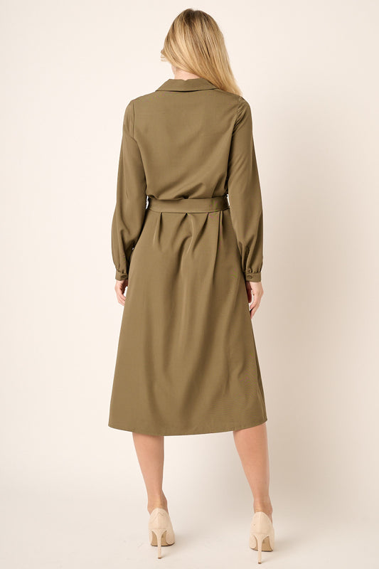 Waist Tie V Neck Midi Shirt Dress