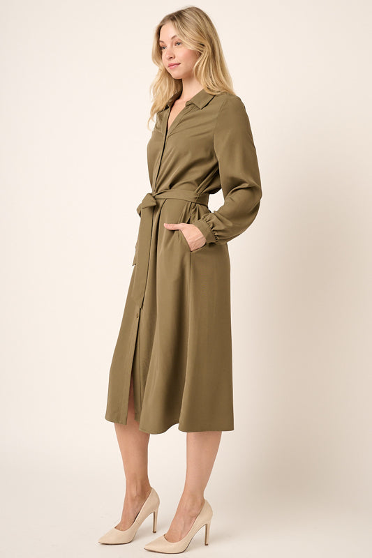 Waist Tie V Neck Midi Shirt Dress
