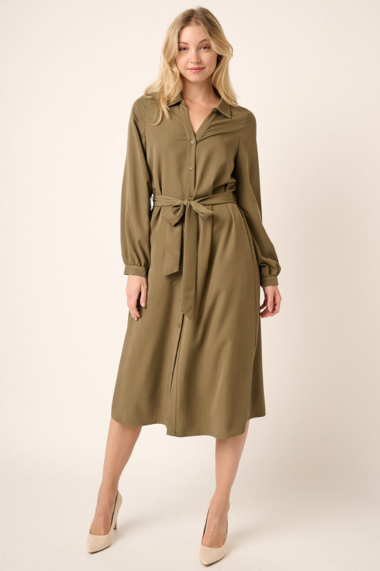 Waist Tie V Neck Midi Shirt Dress