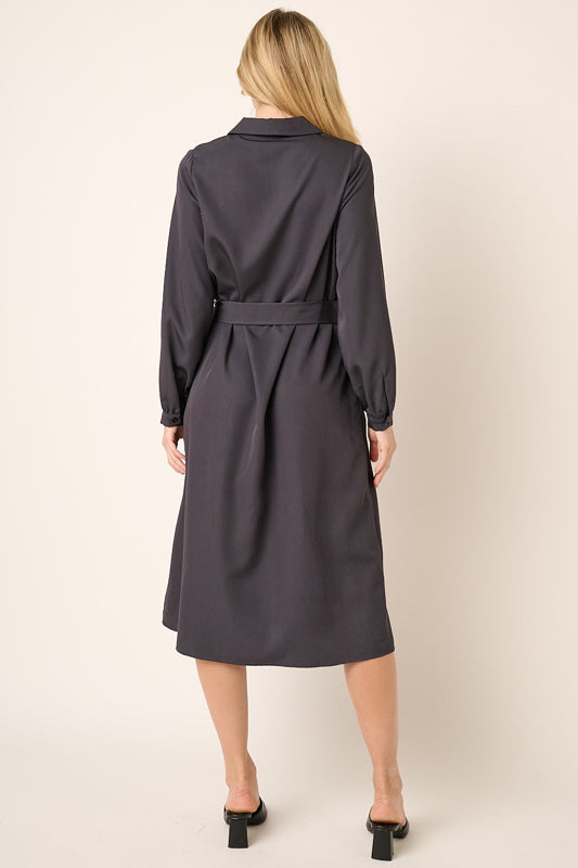 Waist Tie V Neck Midi Shirt Dress
