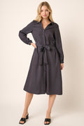 Waist Tie V Neck Midi Shirt Dress