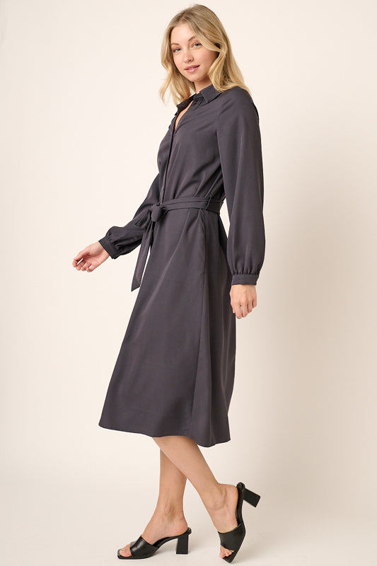 Waist Tie V Neck Midi Shirt Dress