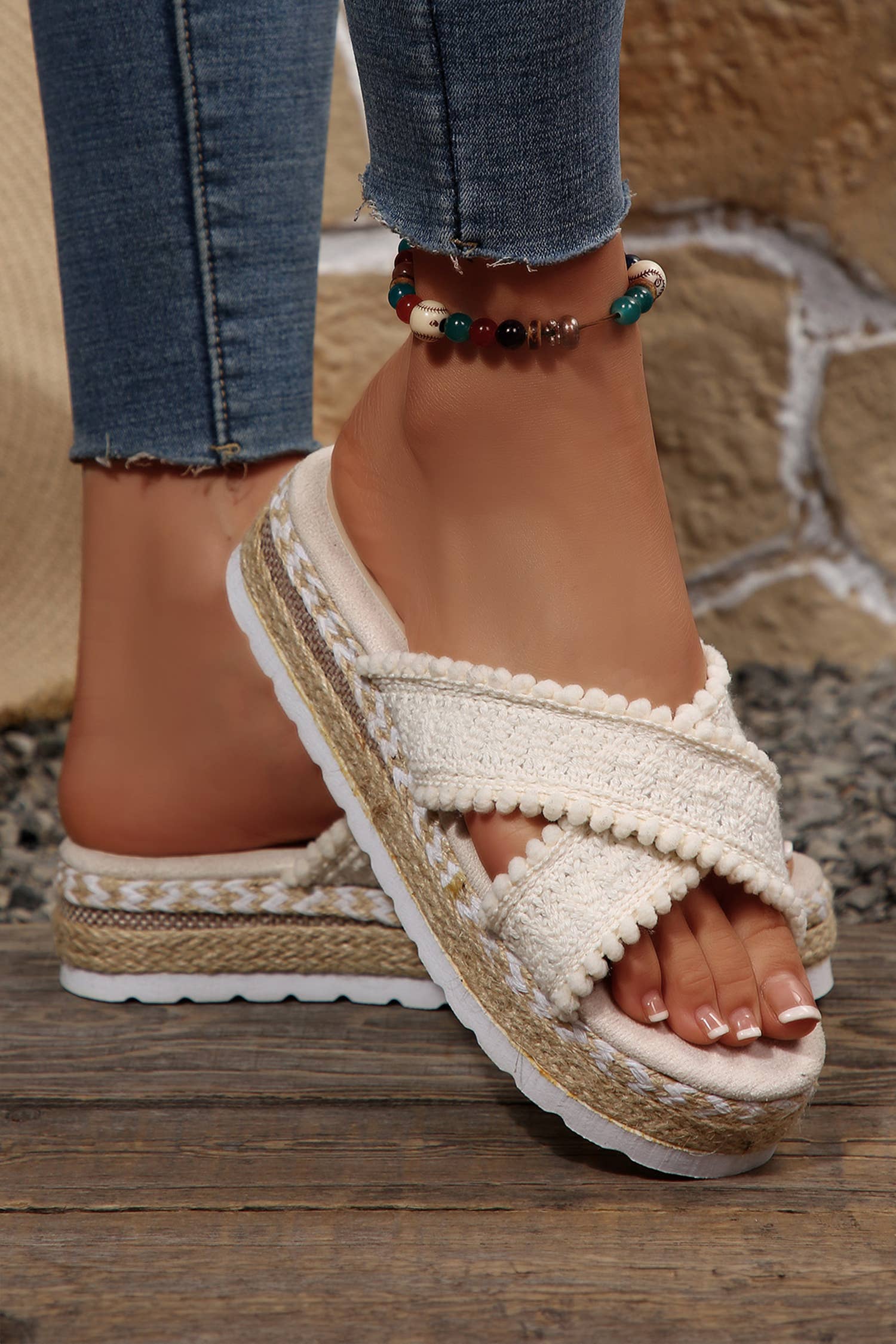 Spring Pompom Knit Platform Slide Sandals