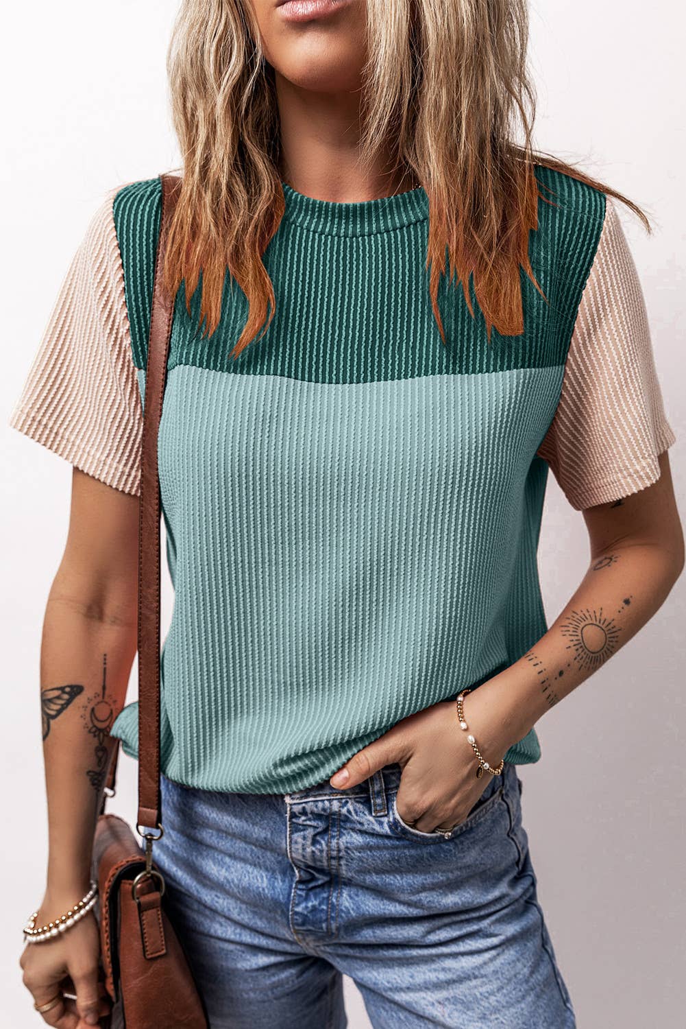 Rib Textured Colorblock Short Sleeve T Shirt (S-XL)